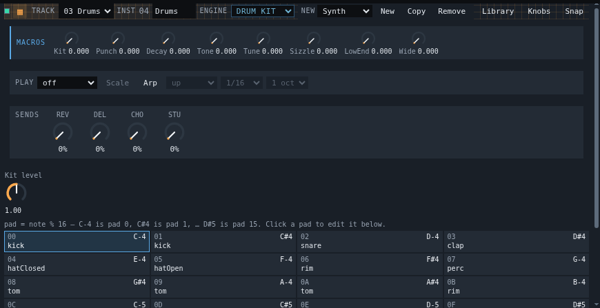 The drum kit editor: a matrix of pads with per-pad level, pan, tune and decay