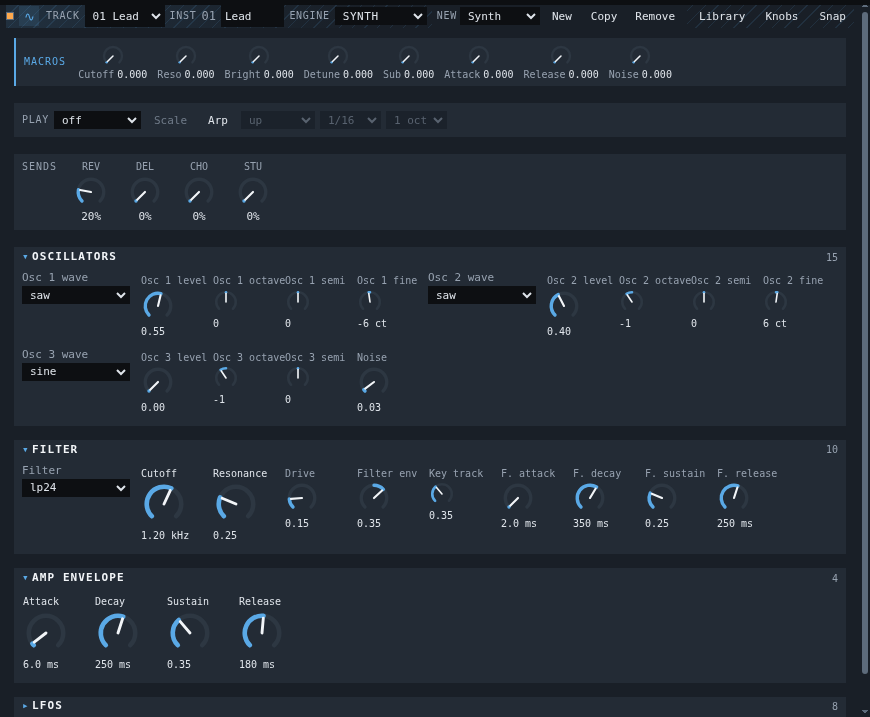 The subtractive engine panel: eight macros, three oscillators each with waveform, level, octave, semitone and fine detune, and a filter section with cutoff, resonance, drive and its own envelope