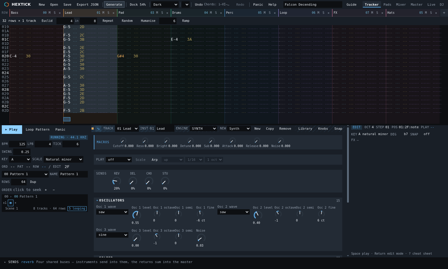 The Generate menu open over the pattern grid, showing Shape, Density and Range choices, the seven variation buttons, and the chord progression list