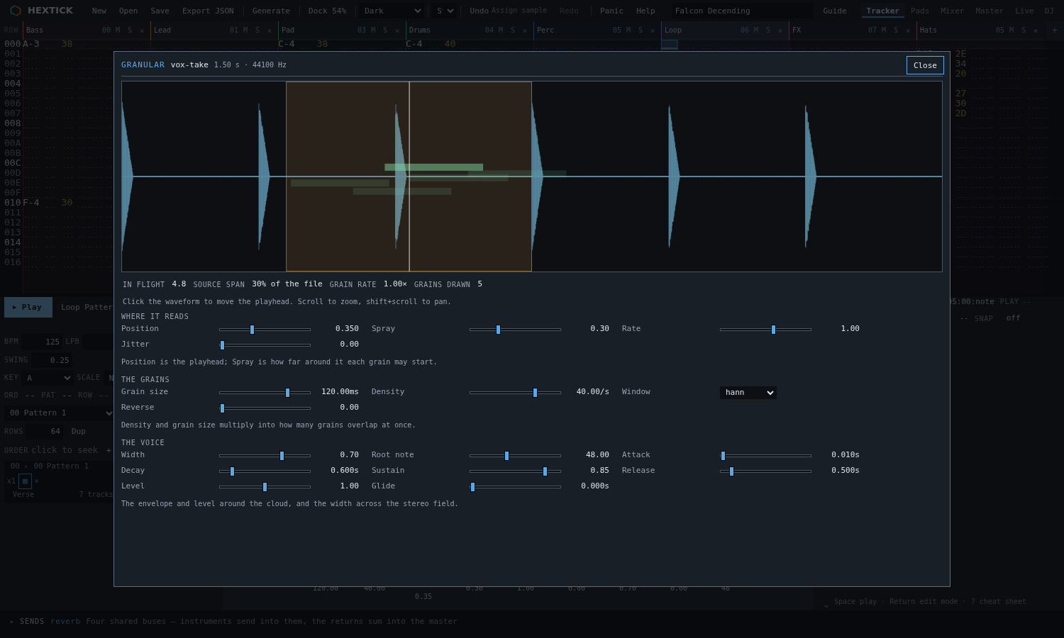 The granular view: the source sample, the grain cloud drawn over it, and every control on one screen