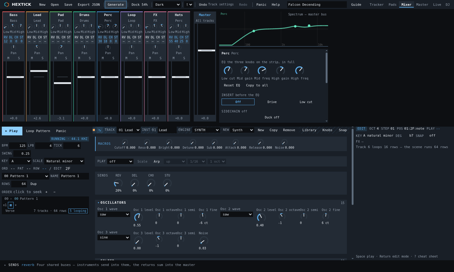 The mixer, with a channel strip per track carrying fader, pan, mute, solo, sends and three EQ knobs, and the spectrum above drawing the selected track EQ curve