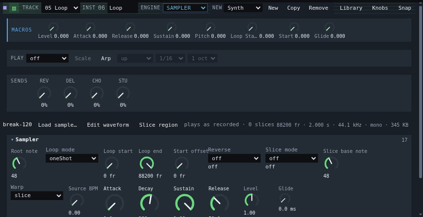 The sampler panel: root note, loop mode, loop start and end, start offset, slice mode and slice base note