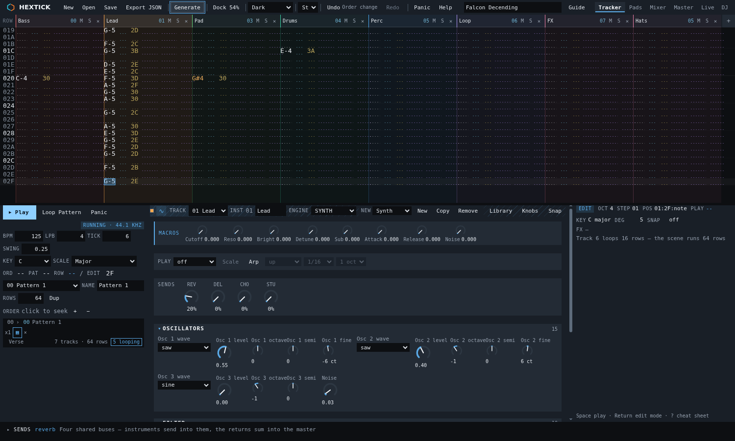 The order list showing one scene expanded into a row per track, with the Drums clip looping 8 rows and the Perc clip looping 16 while the rest play all 64