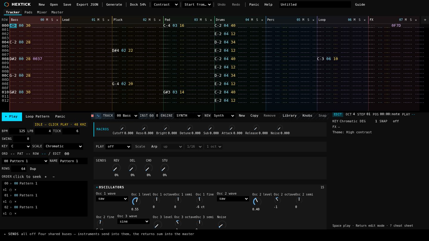 The tracker in the High contrast theme: black page, white text, cyan accent.